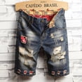 thumbnail image 3 of Summer Cotton Men‘s Ripped Hole Denim Shorts Thin Casual Straight Retro Biker Knee Length Short Jeans Male Streetwear Plus Size, 3 of 7