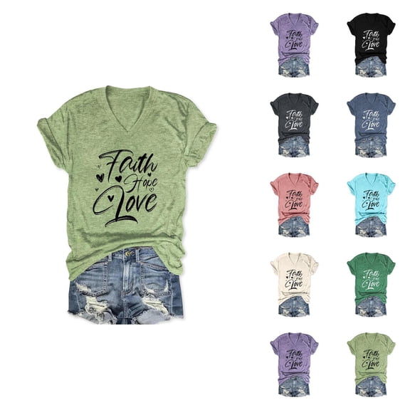 Faith Hope Love Graphic Tees for Women 2026 Summer Short Sleeve V Neck Positive Inspirational Tshirt
