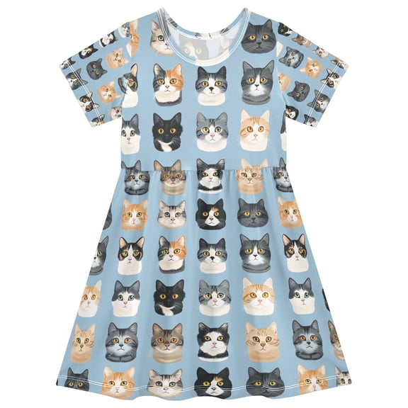 FORMRS Girls Short Sleeve Dress Summer Casual Round Neck A-line Beach Sundress, Sizes 2T-8T, Cartoon Cute Cat