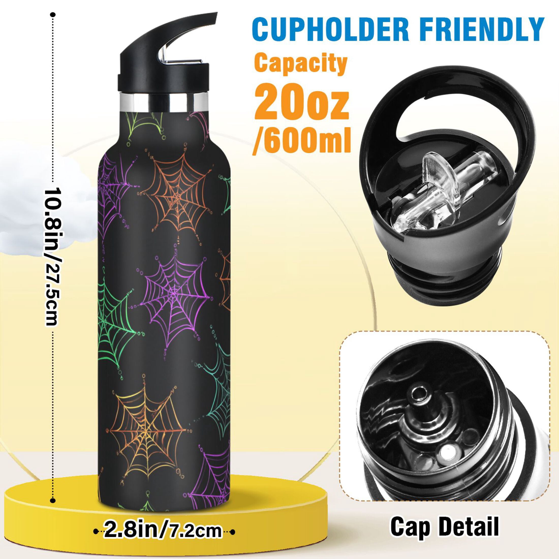 Kids Insulated Stainless Steel Sports Water Bottle 600ml (20oz) Neon Spider Webs