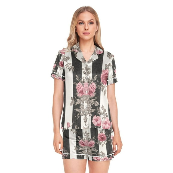 Women Silk Pajama Sets Causal Outings Fashion Black White Stripes Pink Roses Pattern Home