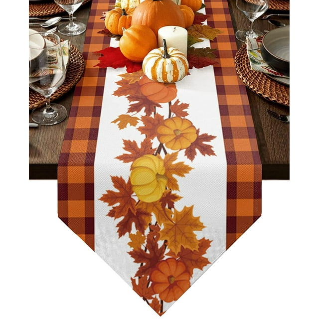 Chemin de Table de l\'Action de Grâce Feuilles d'Érable d'Automne Châles de Commode Citrouille Carreaux Buffle Marron Orange Chemins Décoratifs pour Décoration d'Automne Réunion de Famille de l\'Action de Grâce Décorations de Table de Dîner, 13x36 Pouces