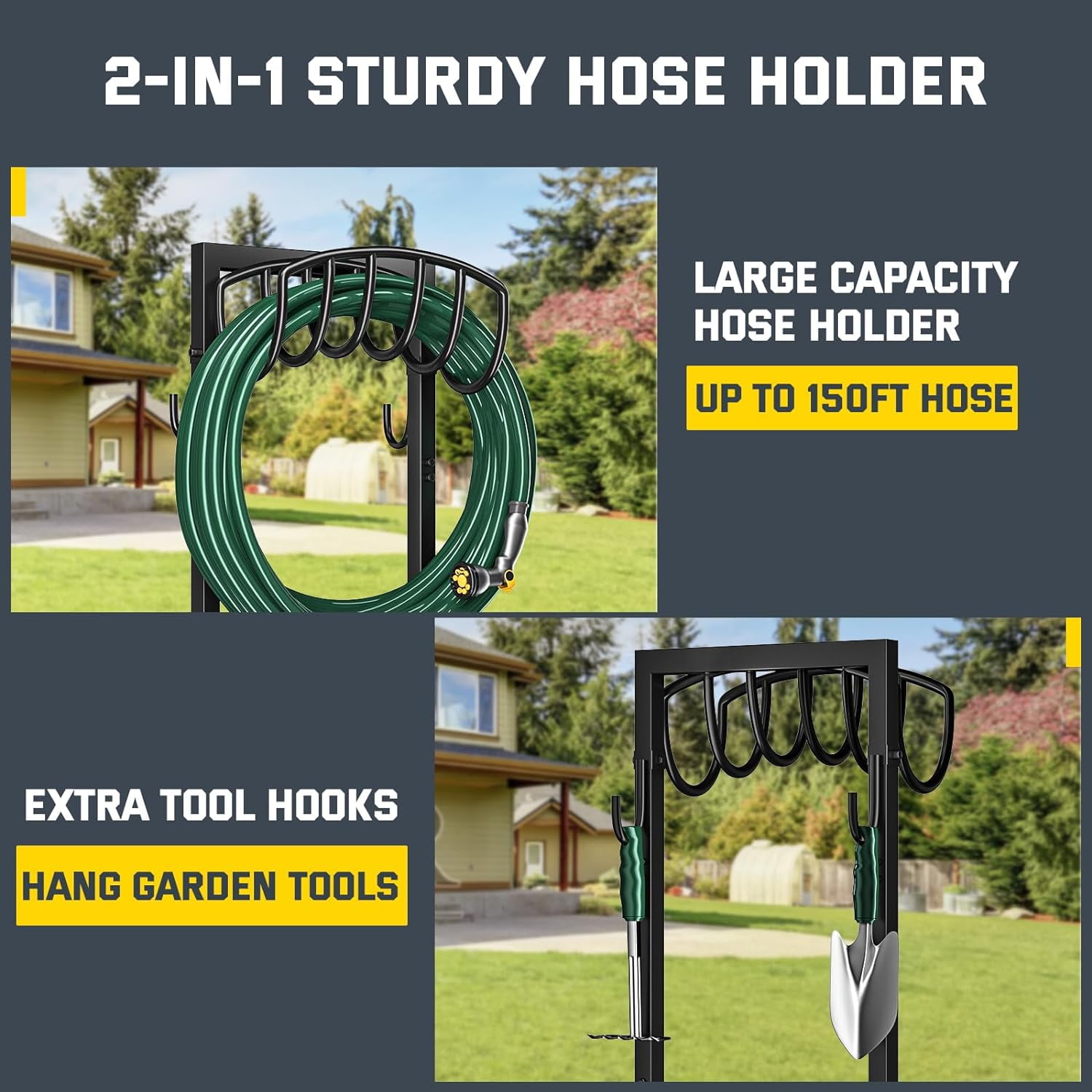 Garden Hose Holder with 4 Spikes & 2 Tool Hooks, Freestanding Water Hose Stand Heavy Duty 2 Hooks Metal Garden Hose Storage Hose Reel Rack for Outside