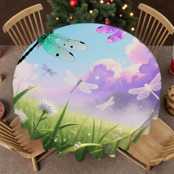 Magical Dragonfly Colorful Tablecloth for dining table round, Polyester Tablecloths - Holiday-Themed Design tablecloths for round tables, Cafe, dinner, brunch, buffet, picnic