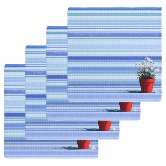 Blue Ombre Striped Daisy Kitchen Dish Towels for Drying Dishes Set of 4, Vintage Flowers Abstract Art Waffle Weave Microfiber Hand Tea Bathroom Towels Quick Dry & Absorbent Towel 12x12