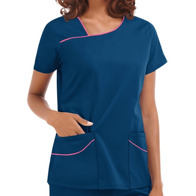 LYMAYTER Womens Color Contrast Medical Workwear Big Pocket Quick-Dry Nurse Work Uniform for S-3XL