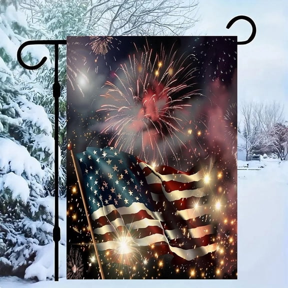 RKSupls Patriotic Linen Double Sided Garden Flag, Independence Day Themed Yard Decor, Realistic Flag Fireworks Glow Outdoor Banner for Holiday Lawn