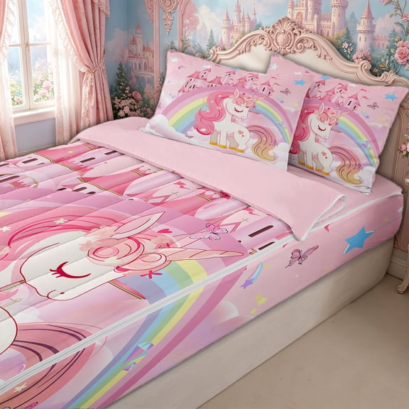 meiyoeat Magical Unicorn Castle Zipper Twin Comforter Sets with Fitted Sheet and 2 Pillowcases for Kids Girls, Rainbow Princess Style Zipper Bedding Set, Pink White, Pink ReversibleG