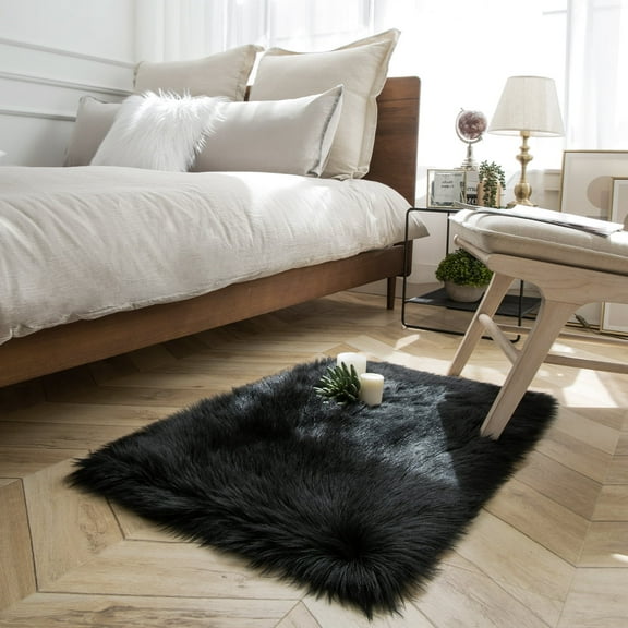 Ashler HOME DECO Soft Faux Sheepskin Fur Rug Black Fluffy Area Rug Shag Rug Carpets for Bedroom Living Room, 2 x 3 Feet