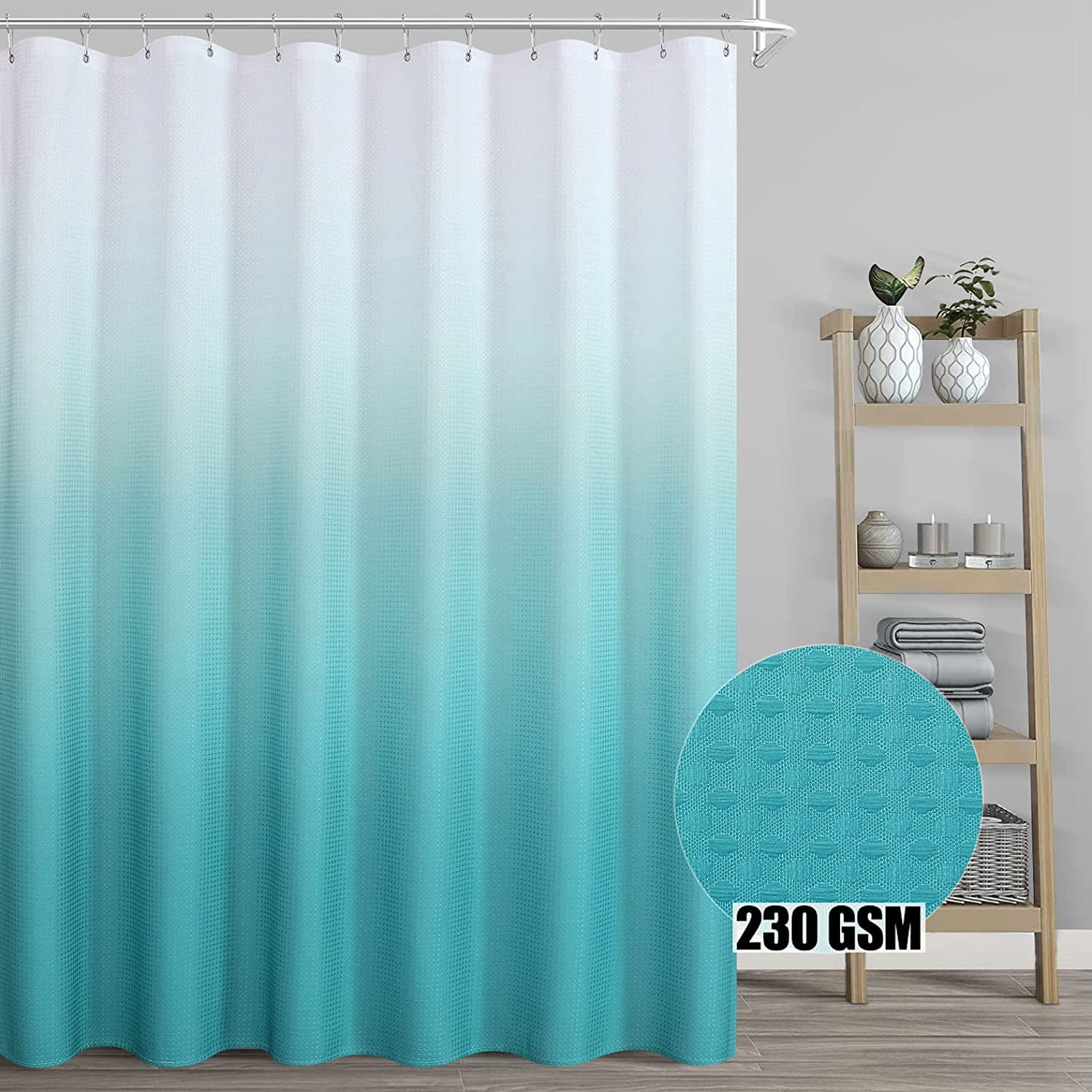 Teal Blue Extra Long Shower Curtain for Bathroom,230GSM Waffle Weave