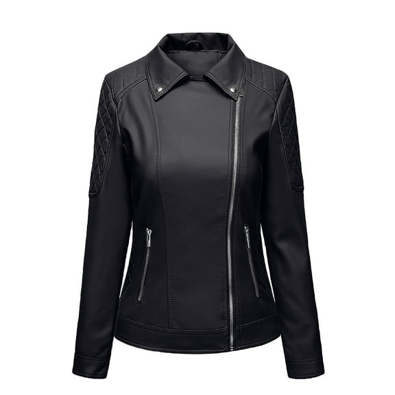 IROINNID Women's Faux Leather Jacket Long Sleeve Solid Color Notch Lapel Outwear, Leisure Leather Cardigan with Pocket Short Jacket