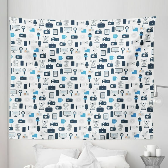 Blue and White Tapestry, Journalism Mass Media Communication Theme Press TV News, Fabric Wall Hanging Decor for Bedroom Living Room Dorm, 5 Sizes, Pale Blue Dark Blue, by Ambesonne