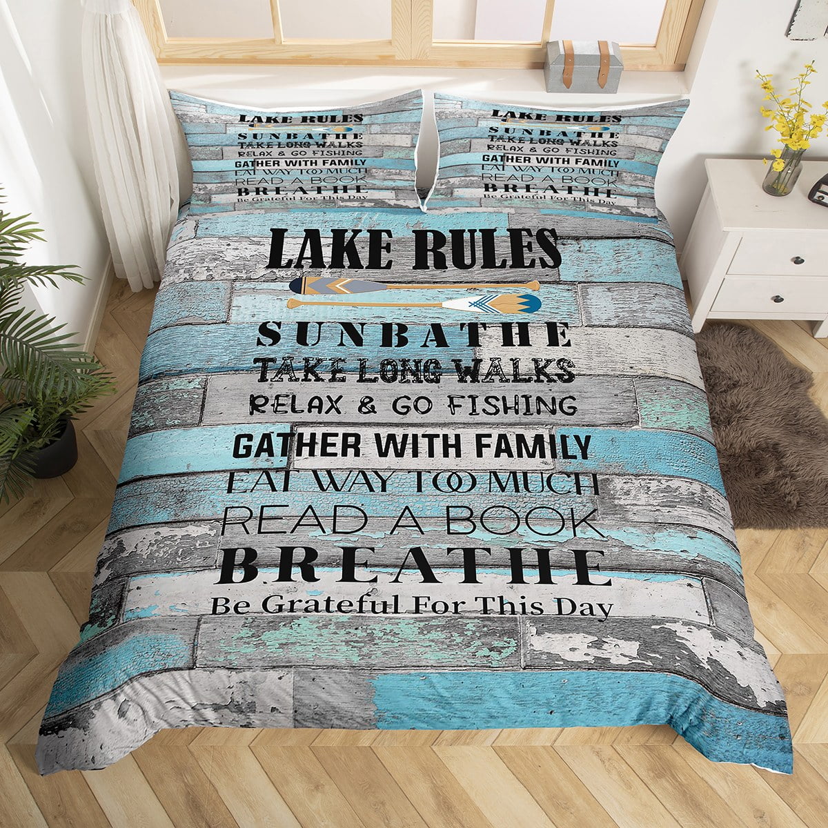 Lake Rules Comforter Cover Lake Cabin Decor,Vintage Country Retro Wood