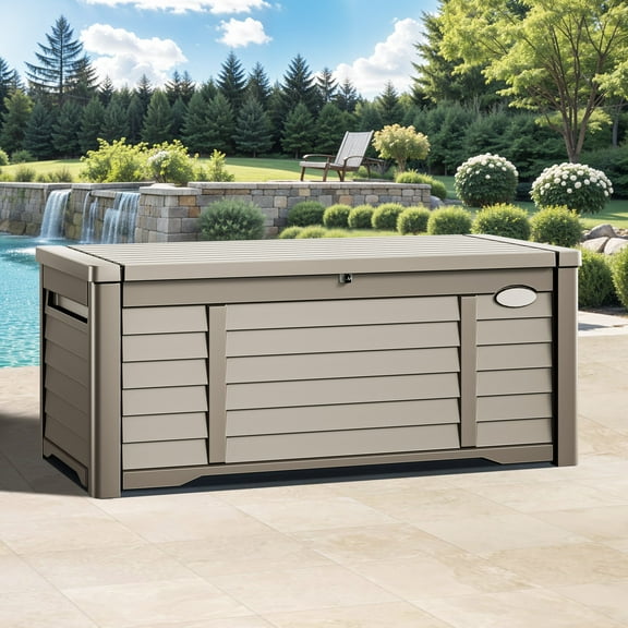 Uforic 120 Gallon Large Outdoor Resin Deck Box, Patio Storage Box with Lockable Lid, Waterproof, Lockable, Brown