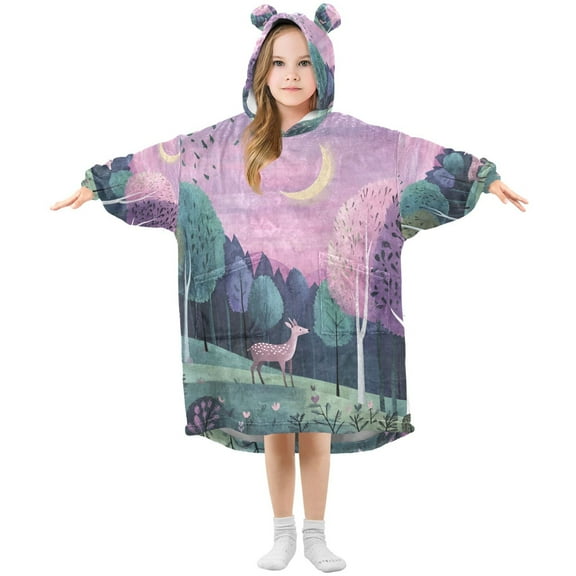 FORMRS Wearable Blanket Hoodie with Sleeves for Kids Cozy Flannel Sweatshirt, Green Night Deer