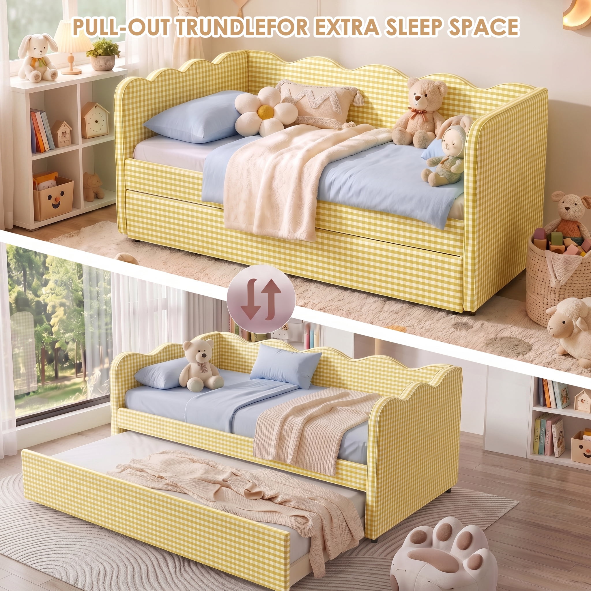 avobird Cozy Gingham Daybed with Trundle Twin Size Sofa Bed for Living Room, Sleeper Sofa with USB Port and Adorable Wave Shaped, Linen Fabric, Yellow
