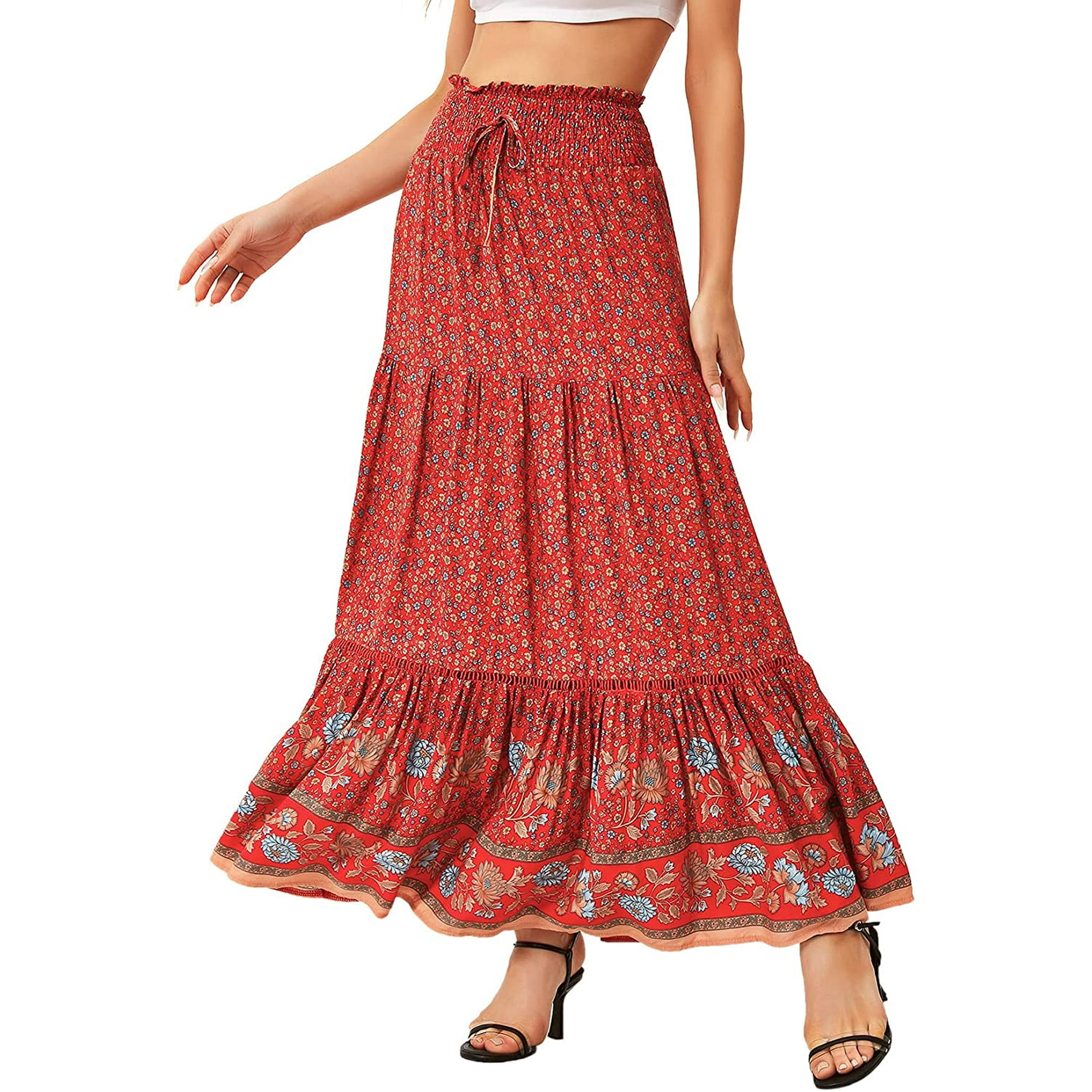 Htooq Boho Skirts For Women High Waisted Maxi Skirts For Women Long Floral Skirt For Summer Red