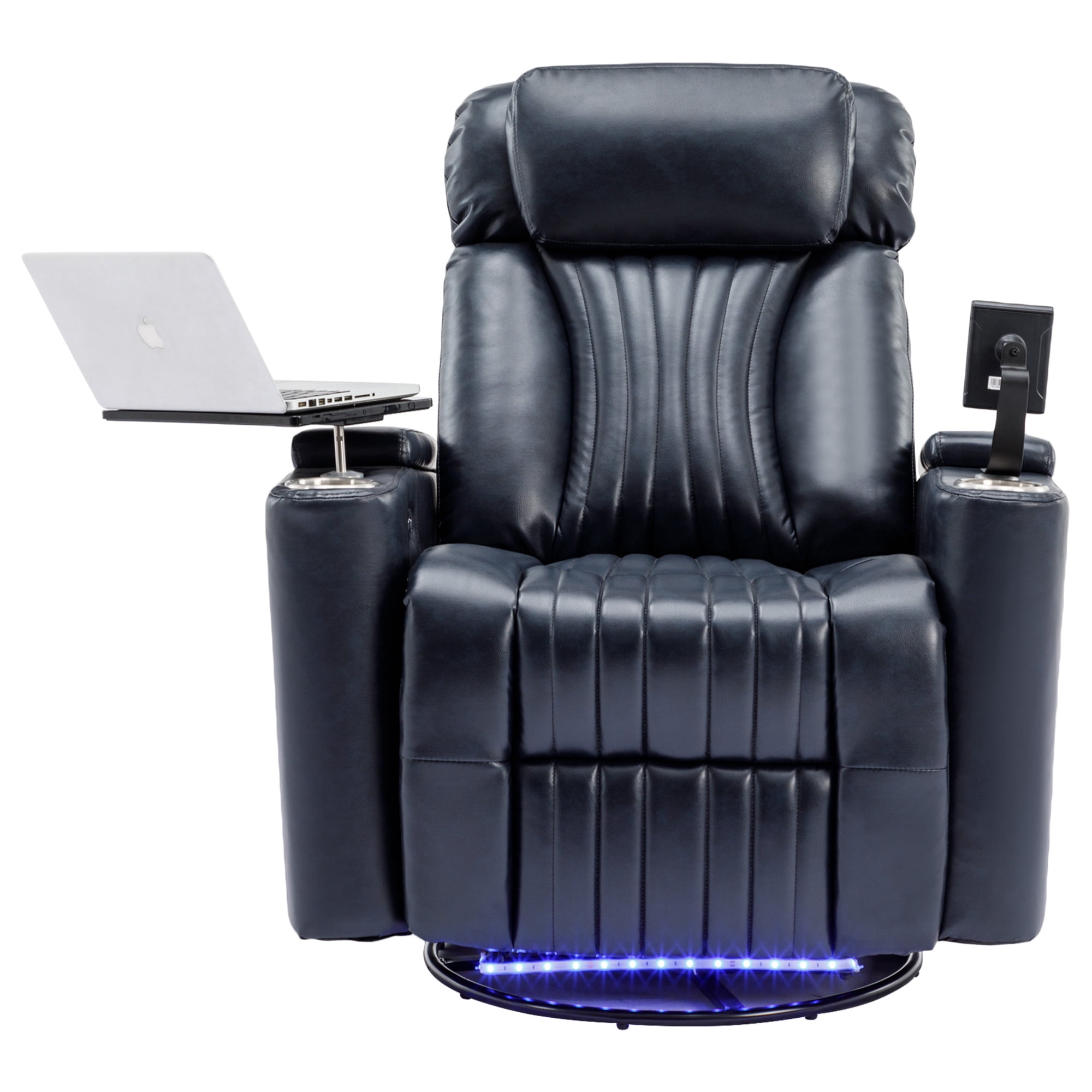 Harper & Bright Designs Electric 270° Power Swivel Recliner Chair w/ Hidden Storage & LED Lights, Home Theater Seating with Cup Holders, 360° Tray Table, Phone Holder, 270° Blue