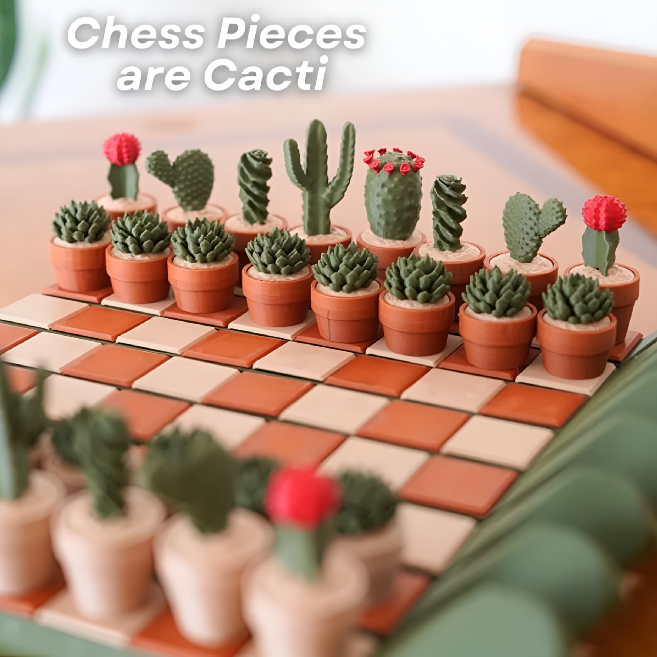 BESTSKY 32Pcs Printed Cactus Chess Set - Roll-Up Portable Board with Plant Pieces, Travel-Friendly Chess Game, Unique Cactus Themed Board Game for Home & Travel Entertainment, Multicolor