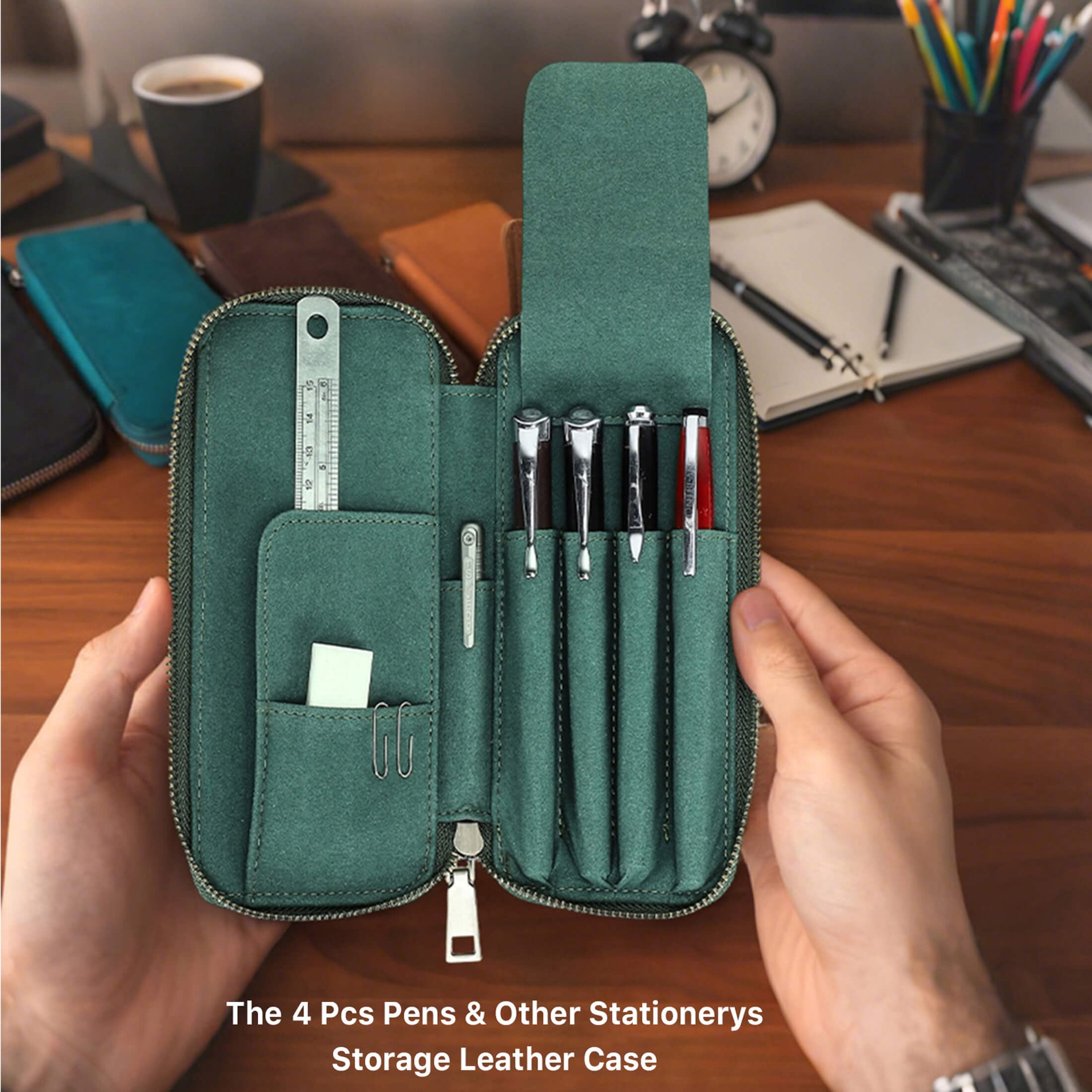 Hiram Genuine Leather Pencil Case with 4 Slots, Handmade Multifunctional Zipper Fountain Pen Bag, Student Stationery Pen Box (Green)