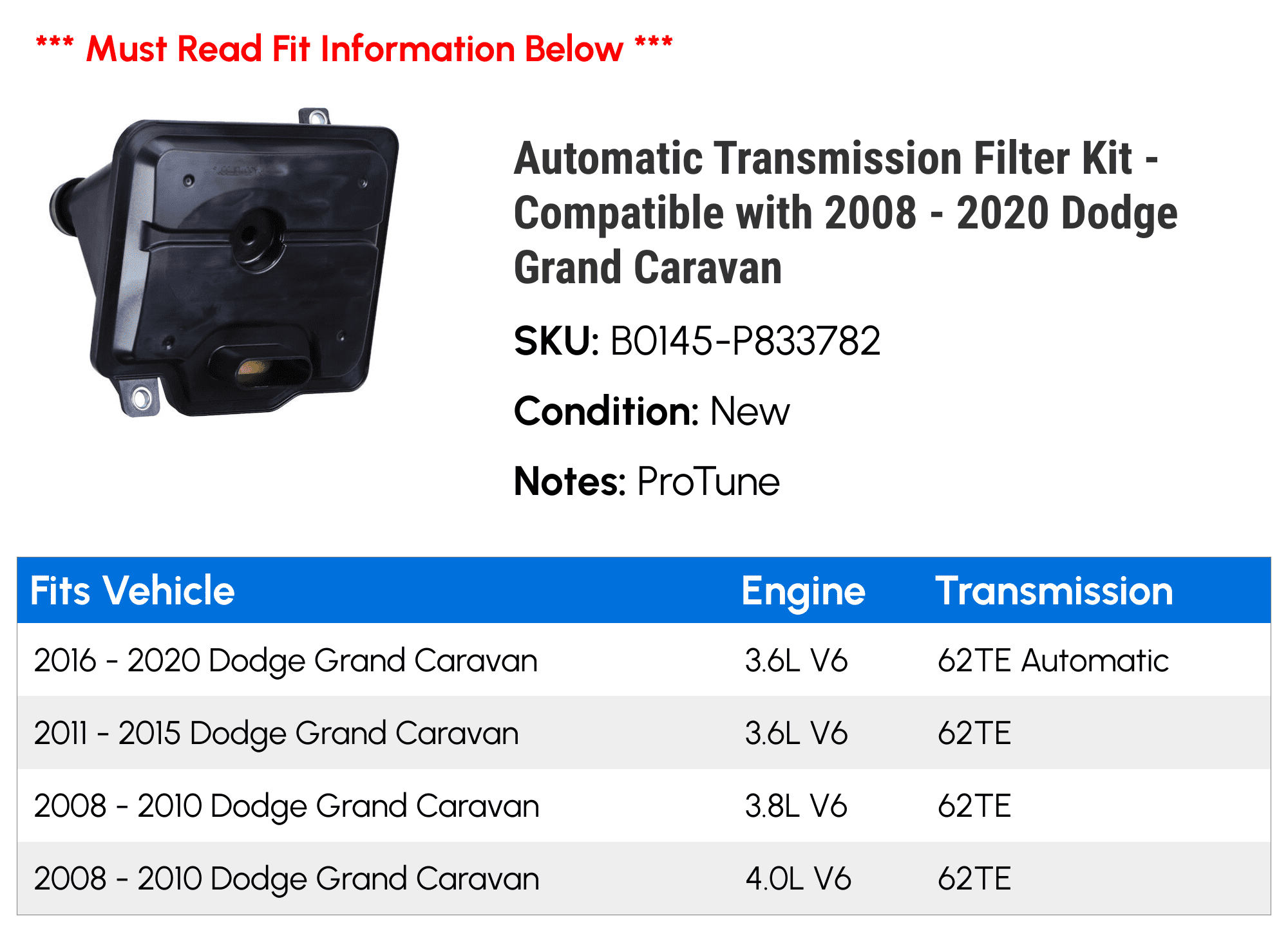 Automatic Transmission Filter Kit - Compatible with 2008 - 2020 Dodge Grand Caravan 2009 2010 2011 2012 2013 2014 2015 2016 2017 2018 2019