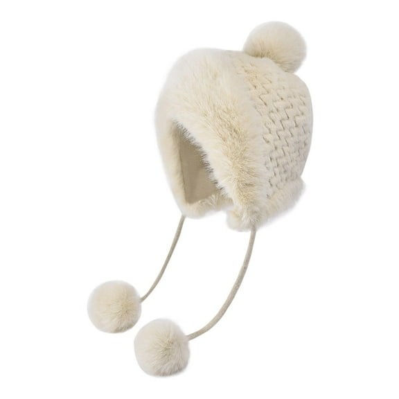 Fgnfyis Women's Winter Knitted Hat with Pompom and Ear for Outdoor Cold Weather Beige One Size