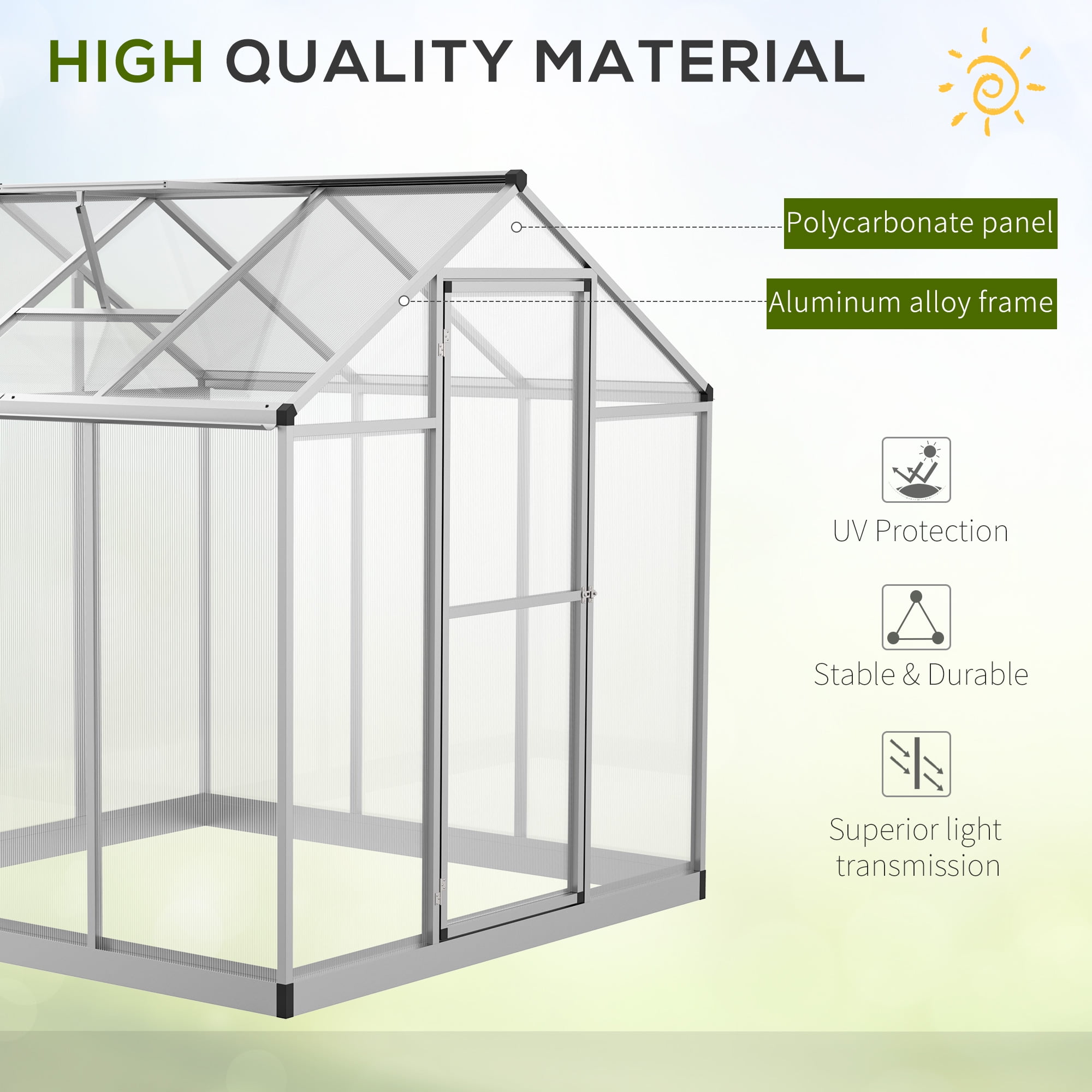 Outsunny 6' L x 6' W Walk-In Polycarbonate Greenhouse with Roof Vent for Ventilation & Rain Gutter, Hobby Greenhouse for Winter