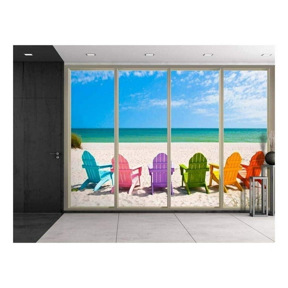Wall26 - Colorful Chairs on The Sand Looking Over The Blue Ocean Viewed from Sliding Door - Creative Wall Mural, Peel and Stick Wallpaper, Home Decor - 100x144 inches