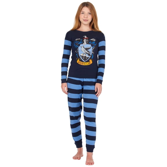 Harry Potter Kids Hogwarts Houses Crest Tight Fit 2 PC Long Sleeve Pajama Set - Hufflepuff Gryffindor Slytherin Ravenclaw