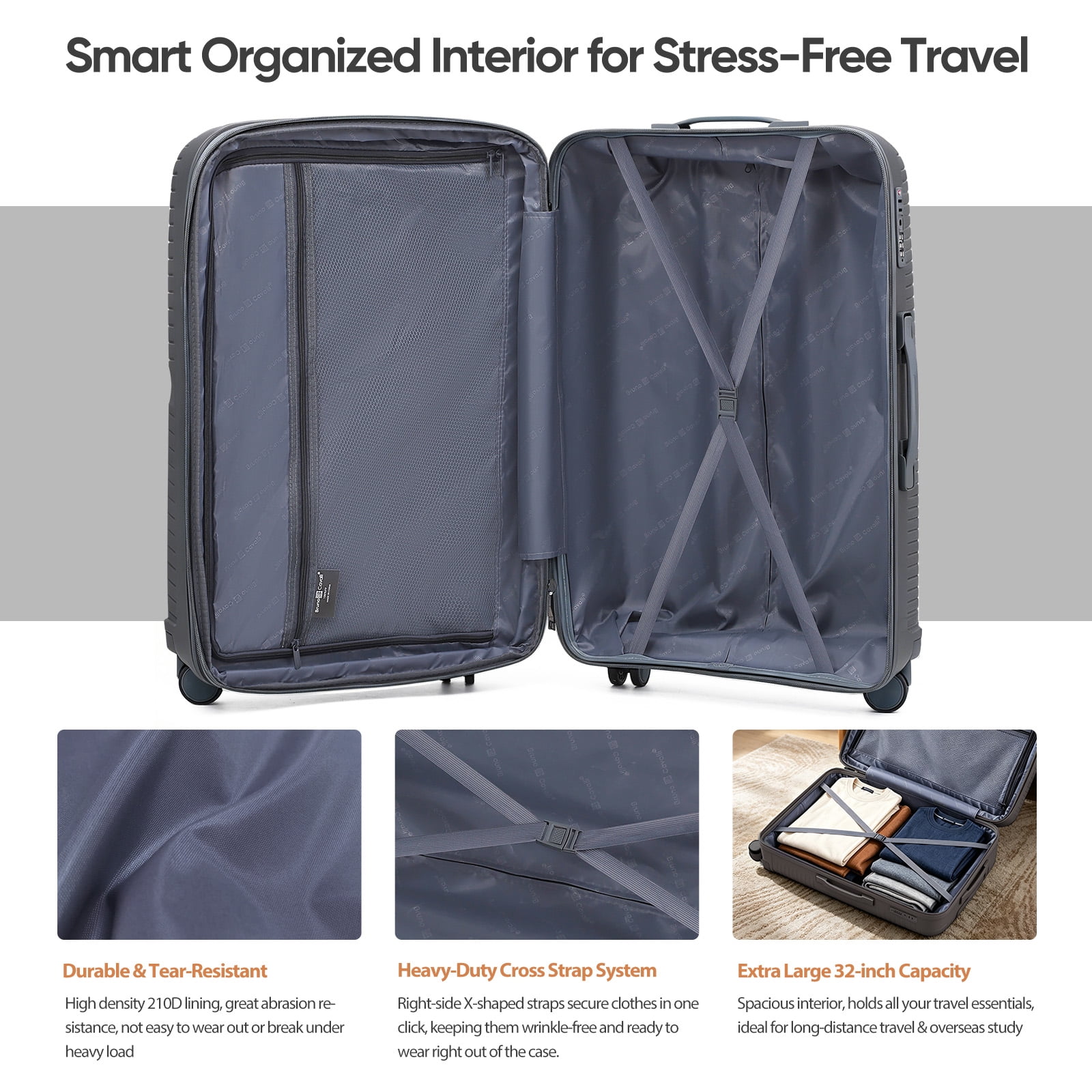 4 Piece Expandable ABS Luggage Set 13"+20"+28"+32", Hard Shell Spinner Suitcases with TSA Lock, Lightweight Travel Suitcase for Family Trip GREY