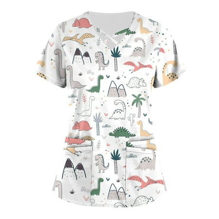 

Gotyou Women s Tops Plus Size Cute Printed Scrub Working Uniform Tops for Women Cross V-Neck Short Sleeve Fun T-Shirts Workwear Tee with Pockets White XXXXL