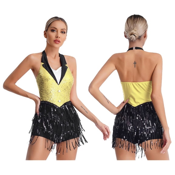iiniim Women's Latin Jazz Shiny Sequins Fringe Jumpsuit Sleeveless Tassel Leotard Dancewear Yellow XL