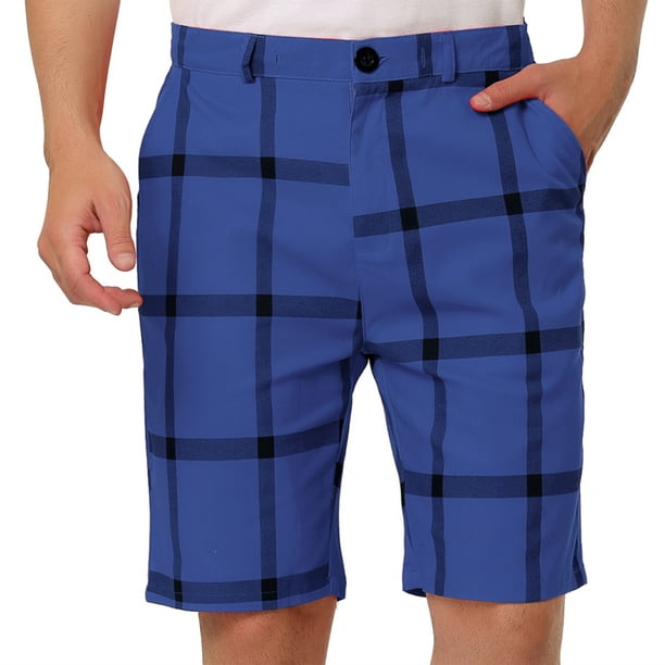 Men s Summer Slim Fit Flat Front Plaid Chino Short Pants Blue Black 30