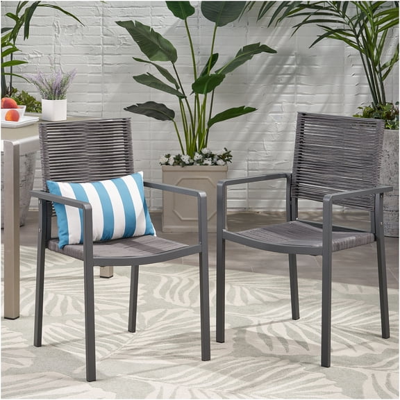 JERFIT Modern Outdoor Dining Chairs, Set of 2 Dark Grey Aluminum Frame with Handwoven Rope Seat, Patio Bistro Side Chairs for Garden, Poolside, Backyard