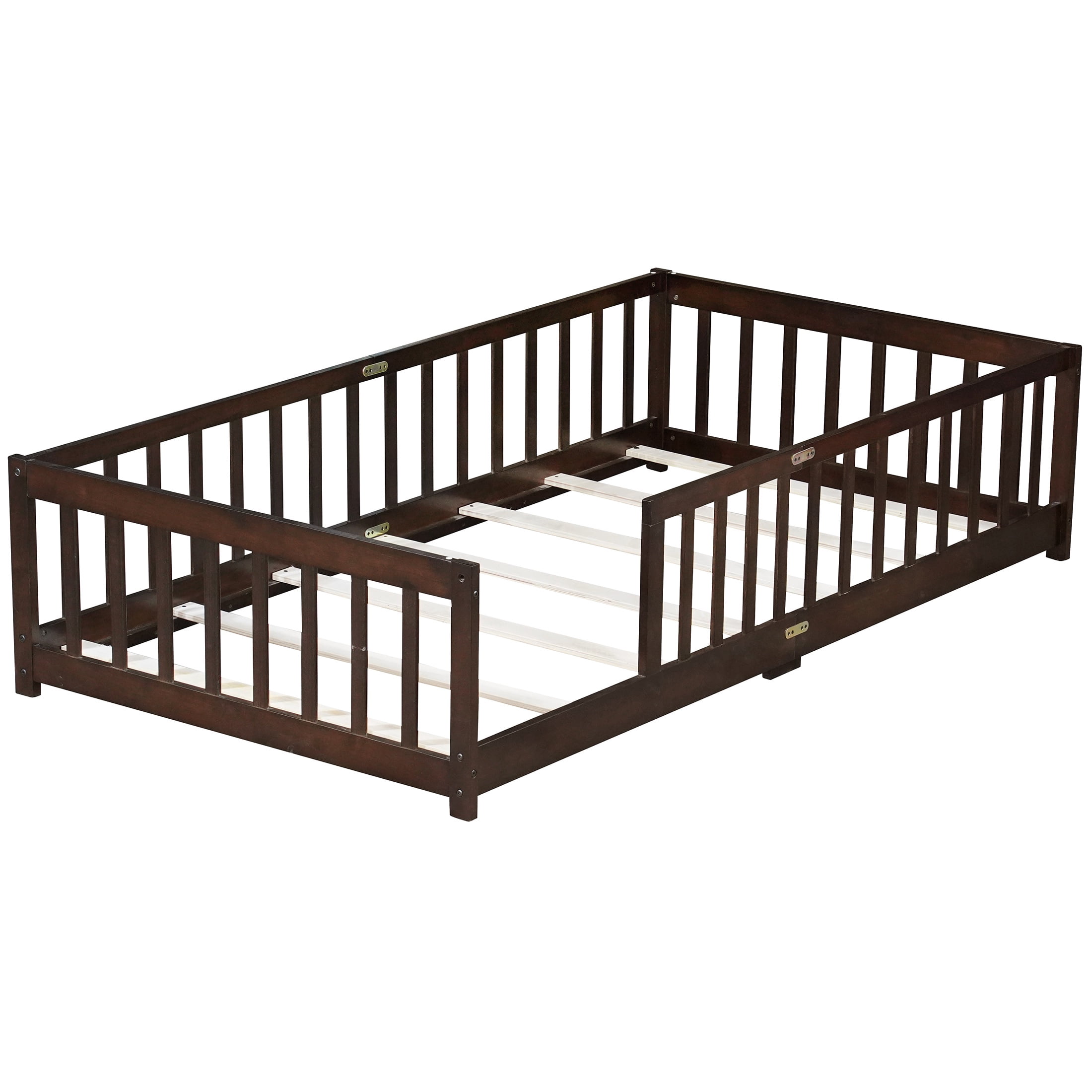 Twin Size Floor Bed with Fence, UHOMEPRO Montessori Floor Bed with Slats and Safety Guardrails, Solid Wood Twin Bed Frame for Bedroom, Espresso