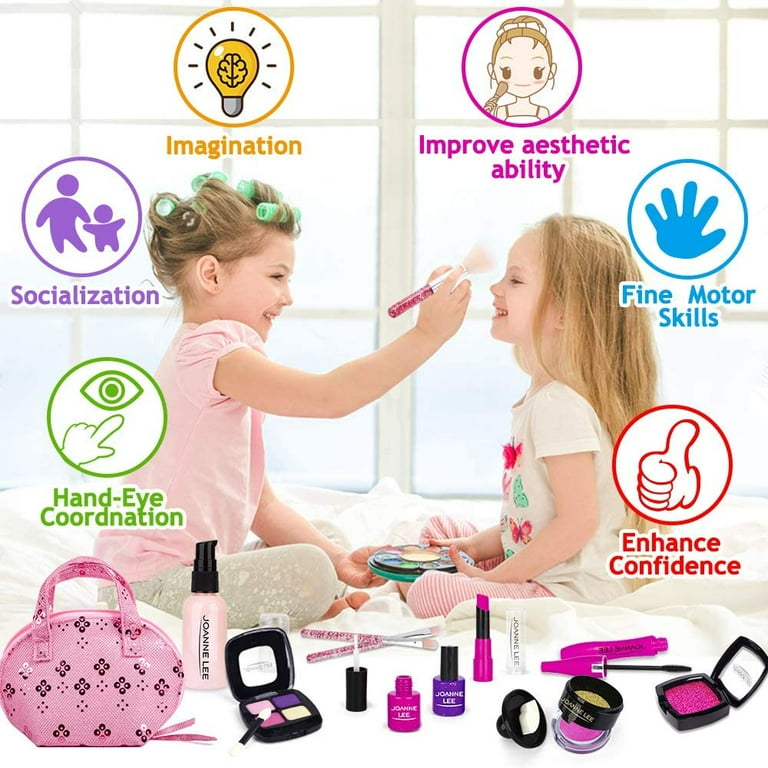 Pretend Makeup Kit Toys for 2 3 4 5 Year Old Girls Birthday Gift for Toddler with Polka Dot Bag Not Real Makeup