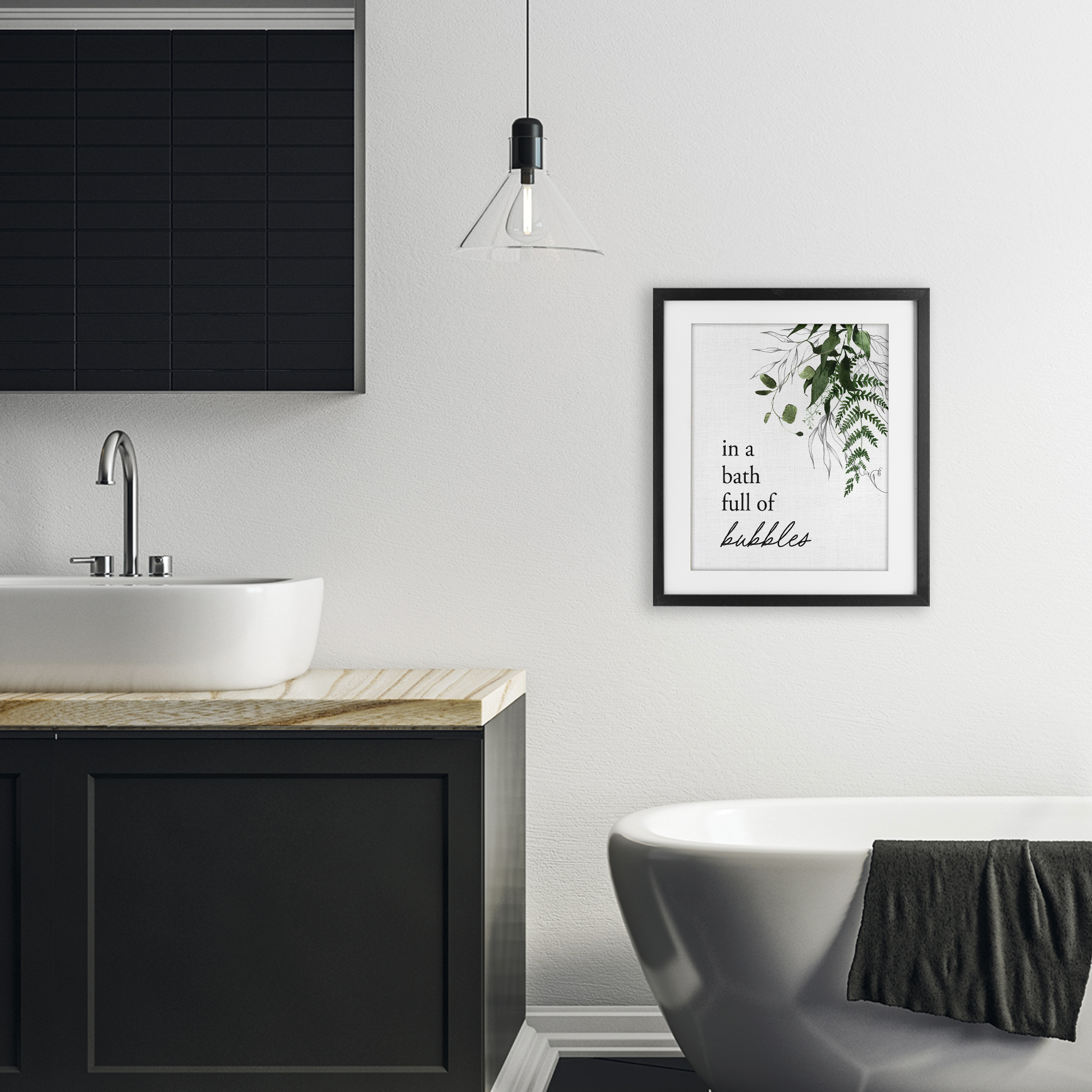 Forest Foliage Bubble Bath Black Framed Print Under Glass, design by Lettered and Lined