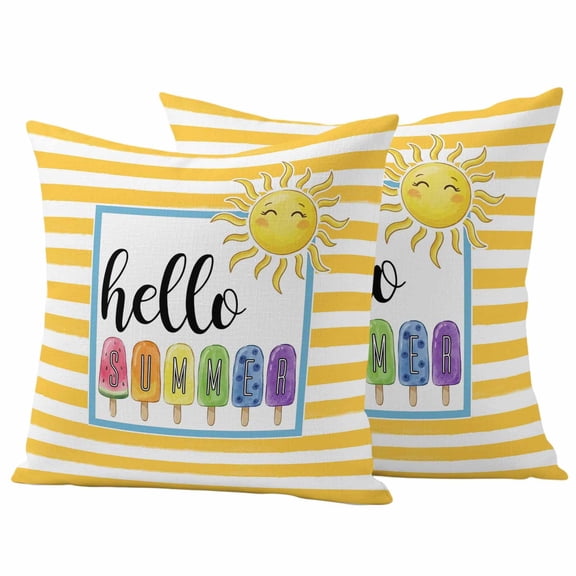 Outdoor Waterproof Pillow Covers Hello Summer Sun Watermelon Purple Blue Decorative Throw Pillow Protectors,Pillowcase Cushion Cases for Patio Sofa Garden Couch,16x16in,Pack of 2