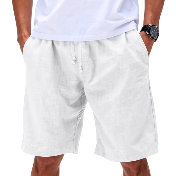 Domuza Mens Linen Shorts Casual Elastic Waist Drawstring Shorts Summer Beach Shorts with Pocket White L
