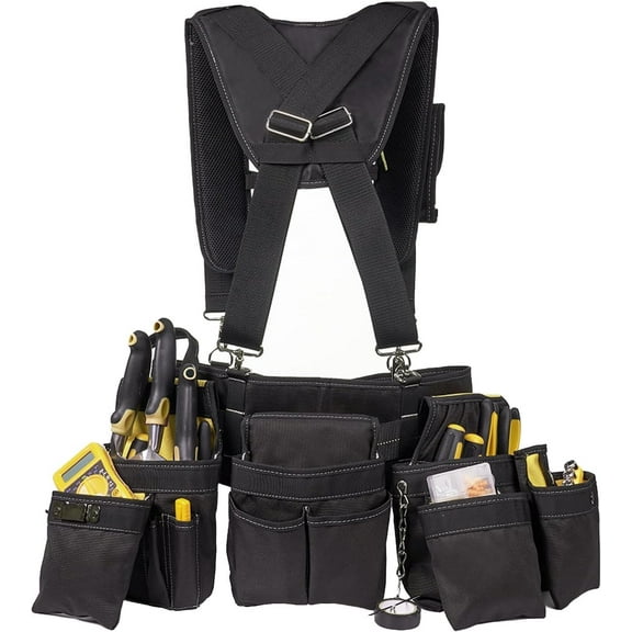 Heavy Duty Tool Belt with Suspenders for Men, 22-Pocket Carpenter Belt, Adjustable Work Apron for Construction, Electricians, Framers, Woodworkers