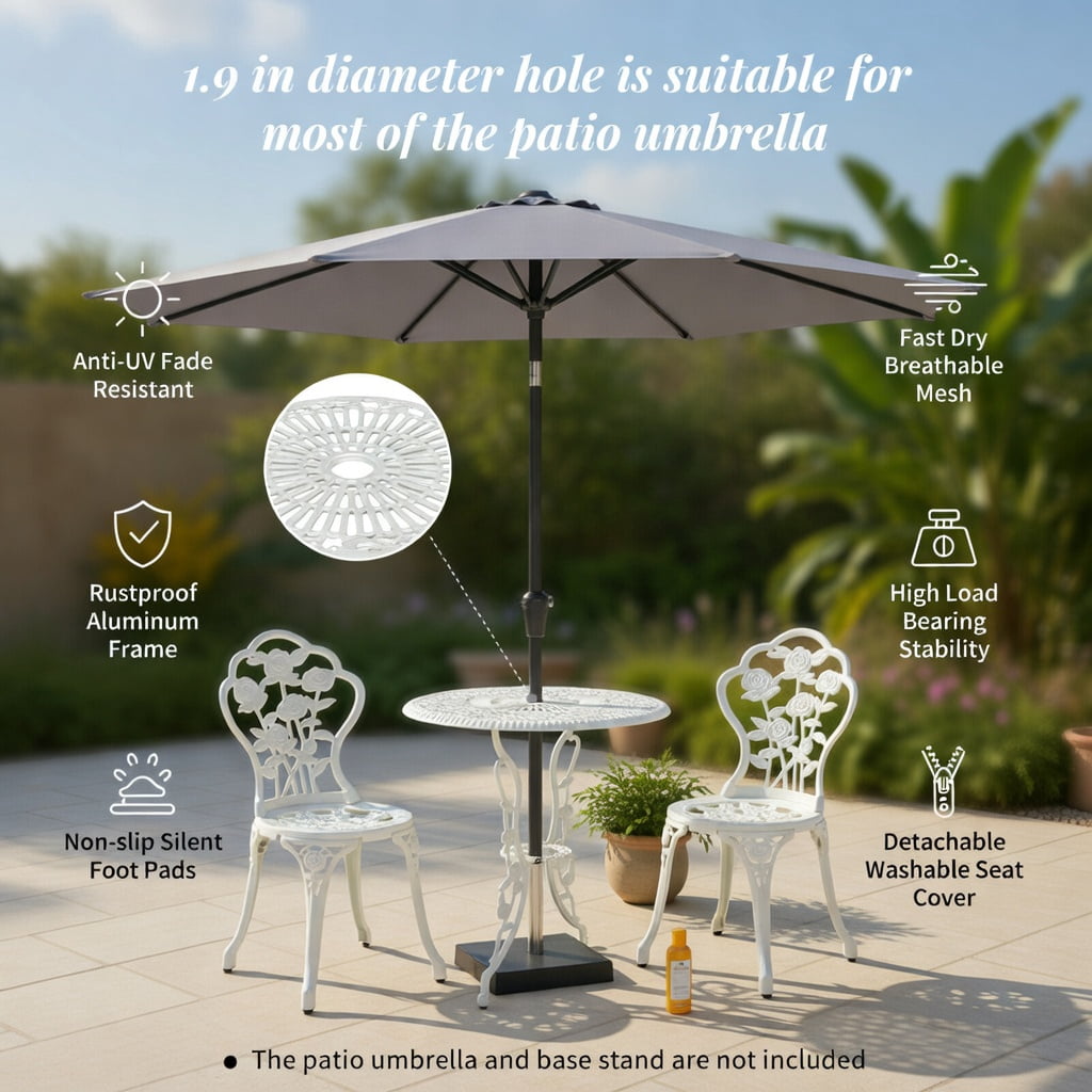 Hommoo Cast Aluminum Outdoor Patio Furniture Set, 3-Piece Rose-Embellished Table and Chairs for Balcony, Deck, Garden or Poolside, White