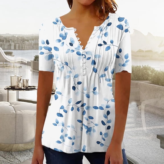 Puntoco Women'S T-Shirts Button Down Tunic Tops Short Sleeve Floral Blouse Henley V Neck Summer Clothes