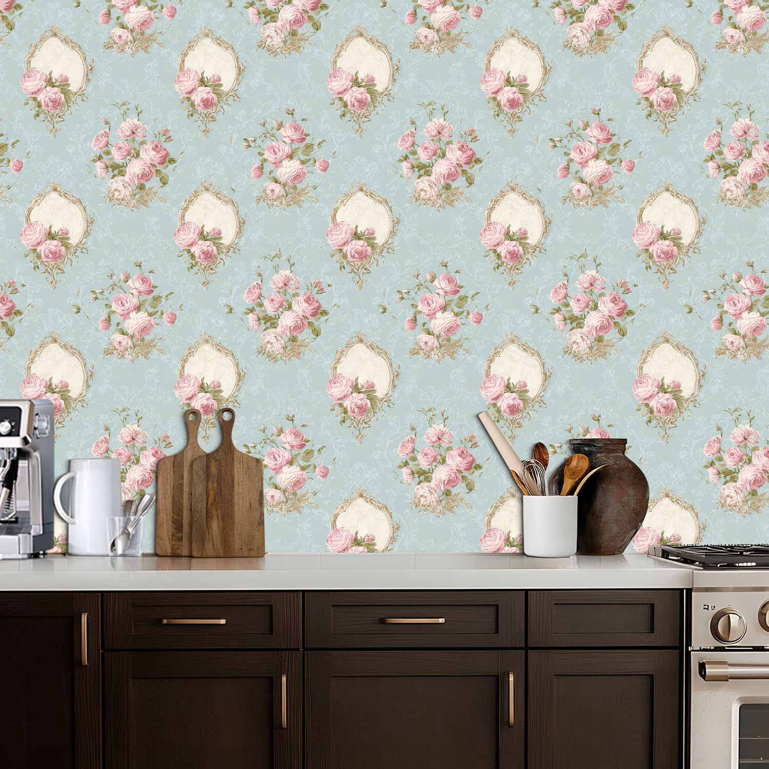 Peel and Stick Wallpaper Vintage Floral Pink Roses Soft Blue Wall Mural 17.7in x 9.8ft Self Adhesive Removable Wall Paper Renter Friendly Wallpaper for Bedroom