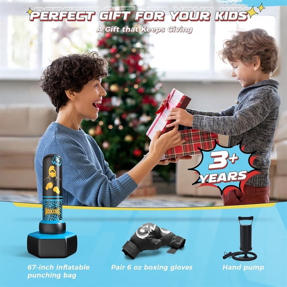 67'' Inflatable Punching Bag Freestanding for Kids Aged 3-12 Heavy Duty Boxing Set for Karate & Taekwondo