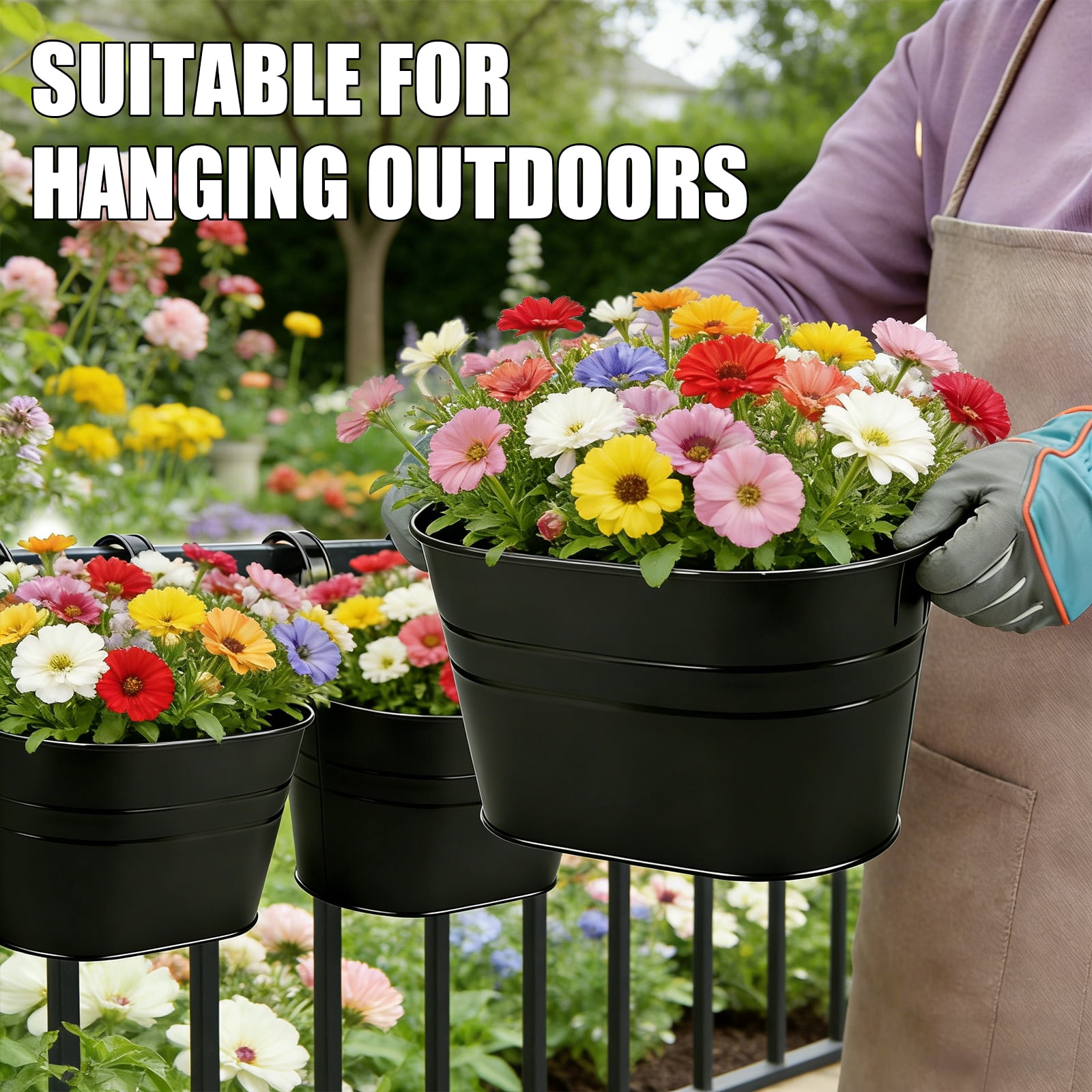 Flower Pots Metal Iron Hanging Flower Pots Garden Pots Balcony Planters Metal Bucket Flower Holder Wall Hanging Decorative Pot - Removable Hook (4 Pieces) (Black)