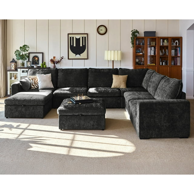 BEDEEP Canapé Sectionnel Modulaire de 155,9 Po avec Ottoman de Rangement, Canapé Nuage en Chenille en Forme de U, Sofa Convertible 8 Places avec Méridienne pour Salon, Noir