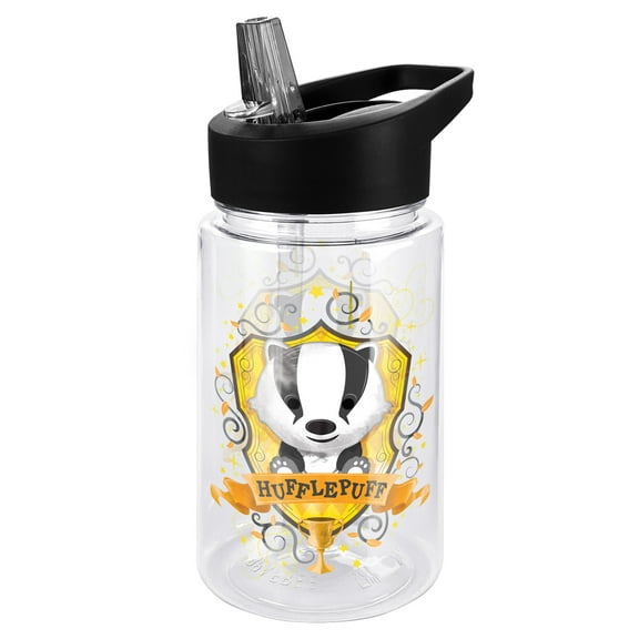 Harry Potter Kids Tritan Plastic Water Bottle with Straw Lid and Handle, Reusable Tumbler for Toddlers, Unisex for Girls and Boys, 12oz, Hufflepuff Crest
