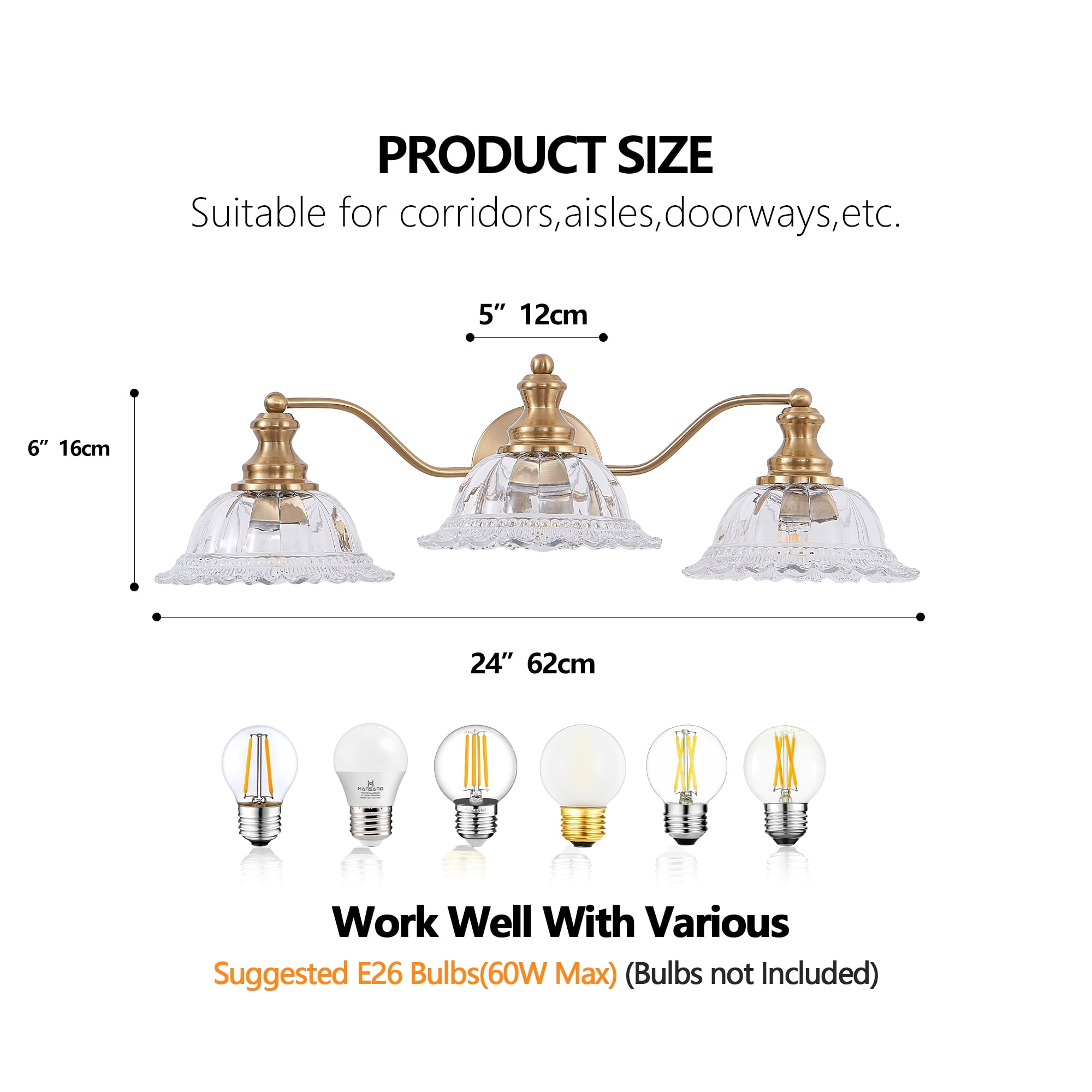Jopath 24" 3-Light Vintage Bathroom Wall Sconce,Golden Metal and Glass Lampshade Vanity Light Fixture for Bathroom Hallway Bedroom (Bulb Not Included)