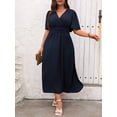 thumbnail image 6 of Plus Size Womens Navy Blue Solid V-Neck Wrap Short Sleeve Maxi Dress, 6 of 6