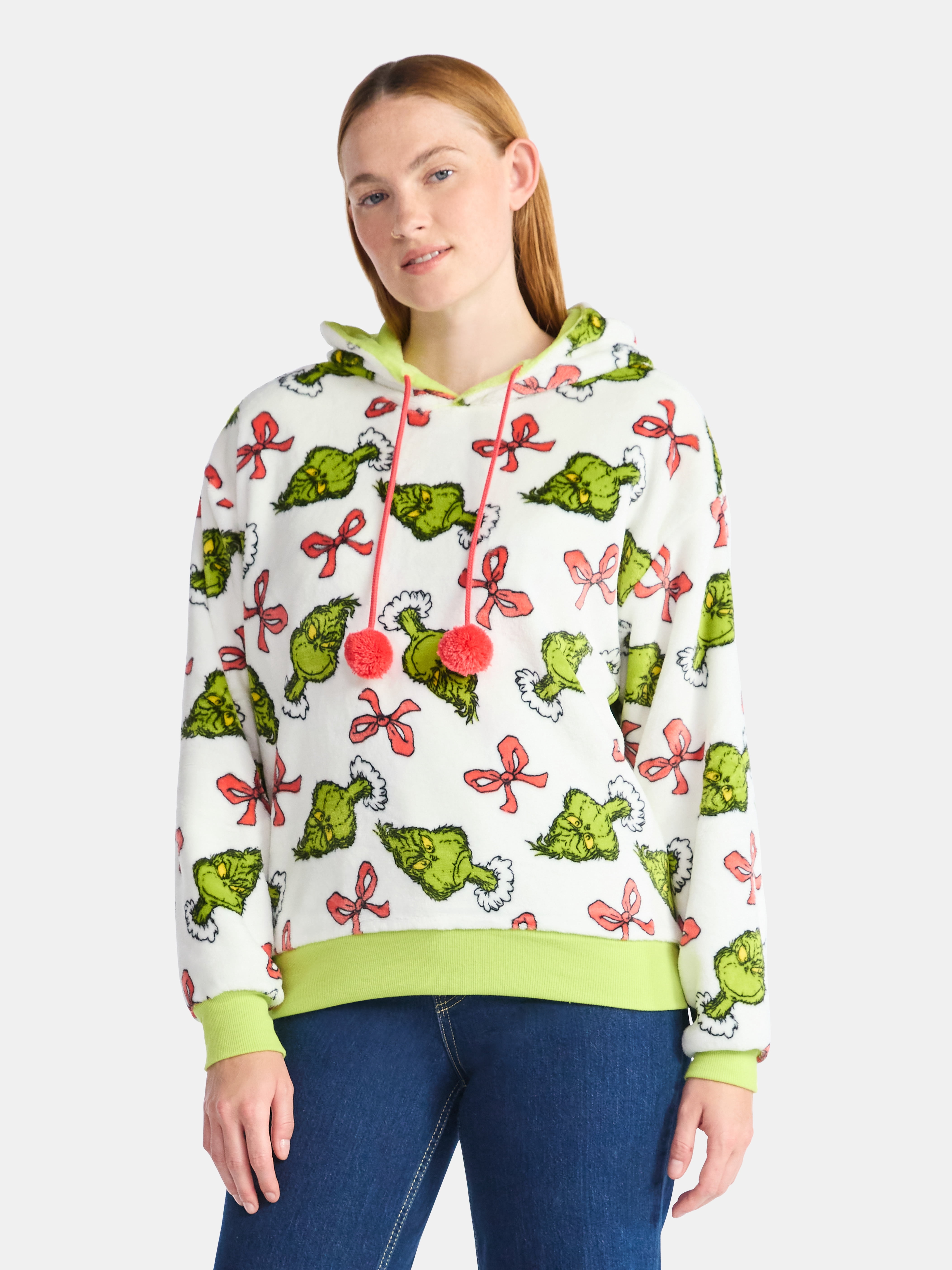 Dr. Seuss The Grinch Women's Reversible Graphic Fleece Hoodie with Long Sleeves, Sizes XXS-XXL